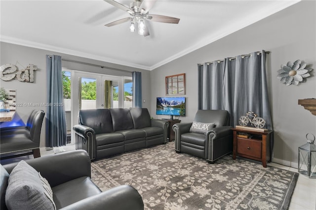 17833 SW 149th Pl, Miami, FL 33187 - tiled living room featuring vaulted ceiling, crown molding, a ceiling fan, and french doors