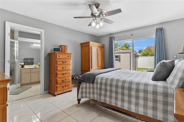 17833 SW 149th Pl, Miami, FL 33187 - bedroom featuring light tile patterned flooring, a ceiling fan, connected bathroom, and access to exterior