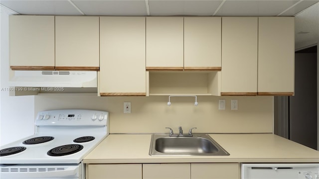 9300 W Flagler St Unit 112D, Miami, FL 33174 - kitchen featuring electric stove, under cabinet range hood, a sink, light countertops, and open shelves