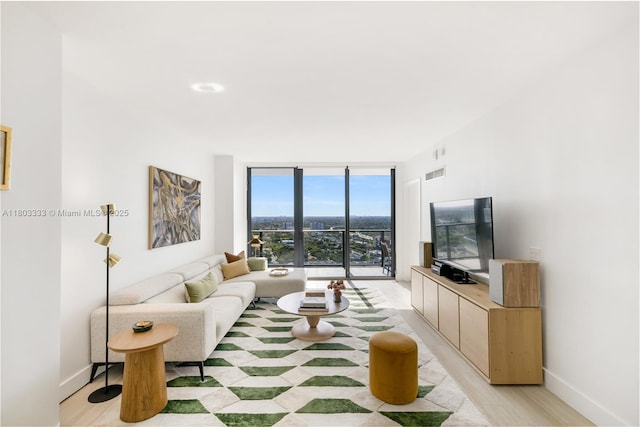 121 NE 34th St Unit 2412, Miami, FL 33137 - living room featuring expansive windows, baseboards, and light wood finished floors