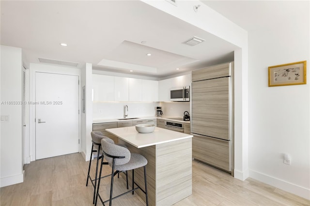 121 NE 34th St Unit 2412, Miami, FL 33137 - kitchen with a sink, stainless steel appliances, a kitchen breakfast bar, modern cabinets, and light countertops