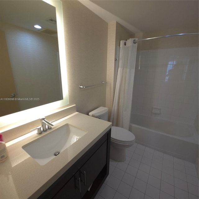 17375 Collins Ave Unit 1101, Sunny Isles Beach, FL 33160 - bathroom with tile patterned flooring, vanity, toilet, and shower / tub combo with curtain