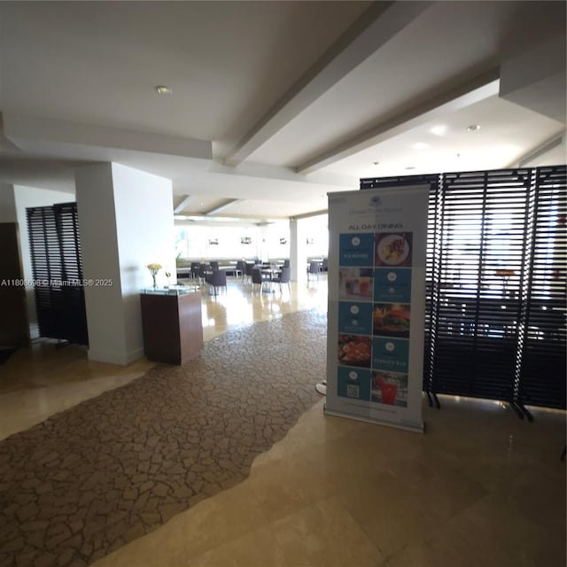 17375 Collins Ave Unit 1101, Sunny Isles Beach, FL 33160 - hall featuring beamed ceiling and tile patterned floors
