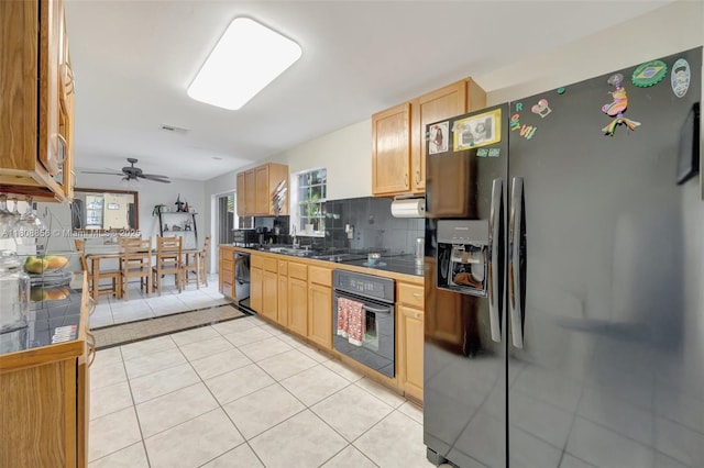 21519 SW 90th Ave, Cutler Bay, FL 33189 - kitchen featuring black appliances, tasteful backsplash, light tile patterned flooring, ceiling fan, and tile counters
