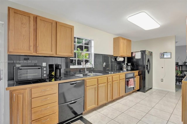 21519 SW 90th Ave, Cutler Bay, FL 33189 - kitchen with black appliances, a sink, backsplash, tile countertops, and light brown cabinetry