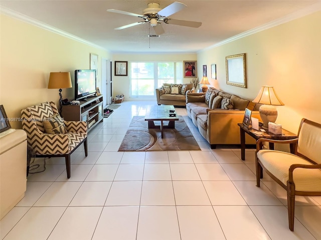 10198 Dovewood Ln Unit A, Boynton Beach, FL 33436 - living area featuring crown molding and a ceiling fan