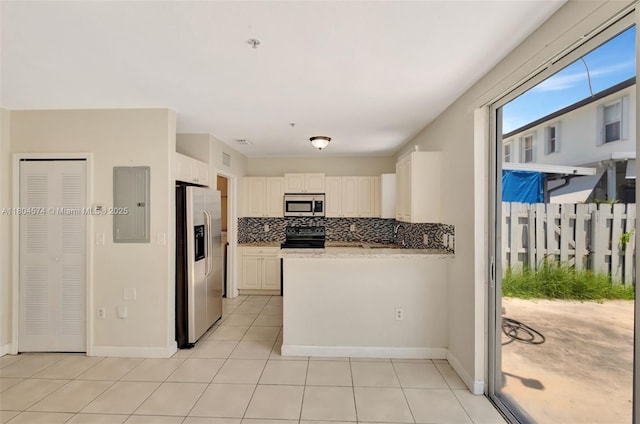 8199 W 36th Ave Unit 5, Hialeah, FL 33018 - kitchen featuring stainless steel appliances, electric panel, white cabinets, a peninsula, and tasteful backsplash