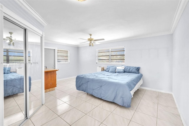 1520 N 25th Ave, Hollywood, FL 33020 - bedroom with light tile patterned floors, crown molding, a ceiling fan, and baseboards