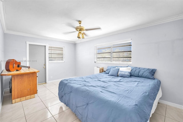 1520 N 25th Ave, Hollywood, FL 33020 - bedroom with ornamental molding, light tile patterned flooring, baseboards, and ceiling fan