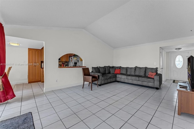 10362 SW 208th Ln, Cutler Bay, FL 33189 - living room featuring light tile patterned floors, vaulted ceiling, ornamental molding, and baseboards