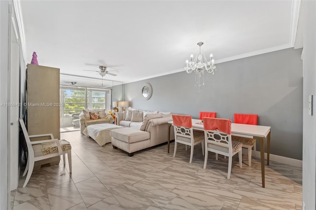 9401 Sunrise Lakes Blvd Unit 307, Sunrise, FL 33322 - dining area featuring ceiling fan, crown molding, marble finish flooring, and a chandelier