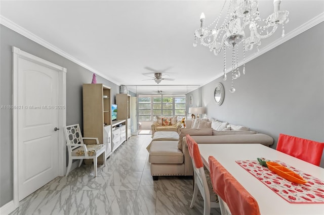 9401 Sunrise Lakes Blvd Unit 307, Sunrise, FL 33322 - living area with ceiling fan, light marble finish flooring, crown molding, and a chandelier