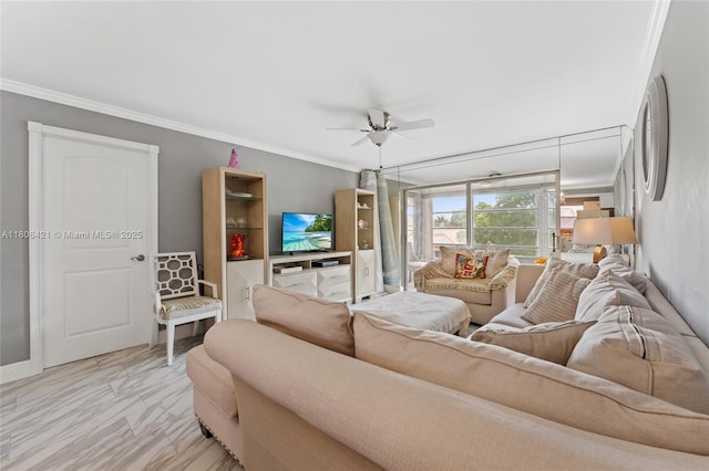 9401 Sunrise Lakes Blvd Unit 307, Sunrise, FL 33322 - living room with crown molding and ceiling fan
