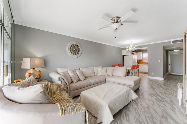 9401 Sunrise Lakes Blvd Unit 307, Sunrise, FL 33322 - living area featuring light marble finish flooring, ceiling fan, crown molding, a chandelier, and baseboards