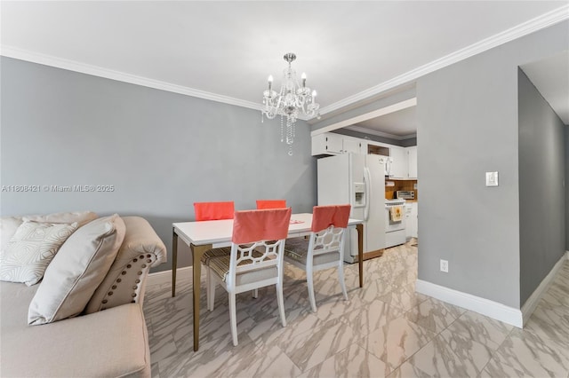 9401 Sunrise Lakes Blvd Unit 307, Sunrise, FL 33322 - dining space with a chandelier, light marble finish flooring, crown molding, and baseboards