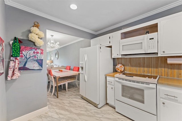 9401 Sunrise Lakes Blvd Unit 307, Sunrise, FL 33322 - kitchen featuring white appliances, light marble finish flooring, light countertops, white cabinets, and crown molding