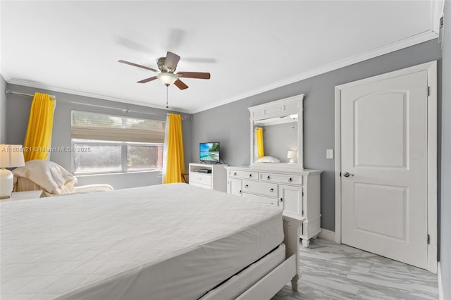 9401 Sunrise Lakes Blvd Unit 307, Sunrise, FL 33322 - bedroom featuring ornamental molding, light marble finish floors, a ceiling fan, and baseboards