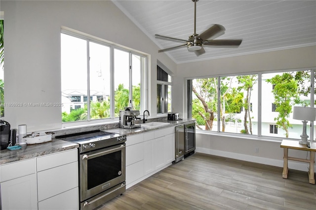 168 Indian Mound Trl, Tavernier, FL 33070 - kitchen featuring stainless steel range with electric cooktop, a sink, plenty of natural light, white cabinetry, and lofted ceiling