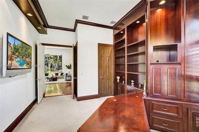 169 Dockside Cir, Weston, FL 33327 - unfurnished office with baseboards, ornamental molding, and light carpet