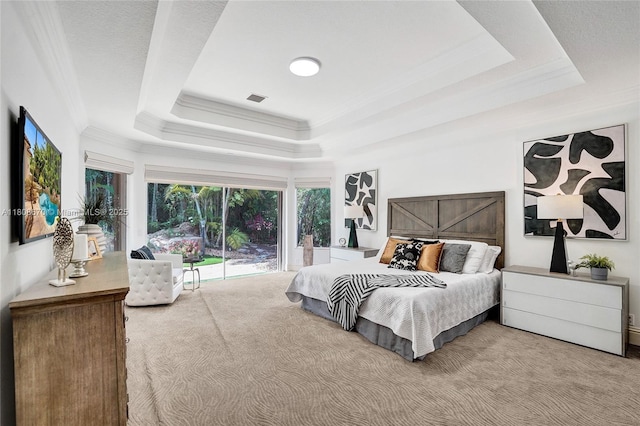 169 Dockside Cir, Weston, FL 33327 - carpeted bedroom with a raised ceiling, crown molding, and access to outside