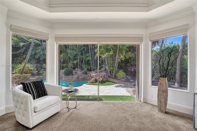 169 Dockside Cir, Weston, FL 33327 - sitting room with a raised ceiling, baseboards, ornamental molding, and carpet