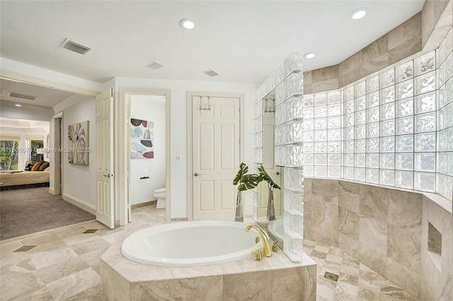 169 Dockside Cir, Weston, FL 33327 - ensuite bathroom with a bath, a walk in shower, toilet, recessed lighting, and baseboards