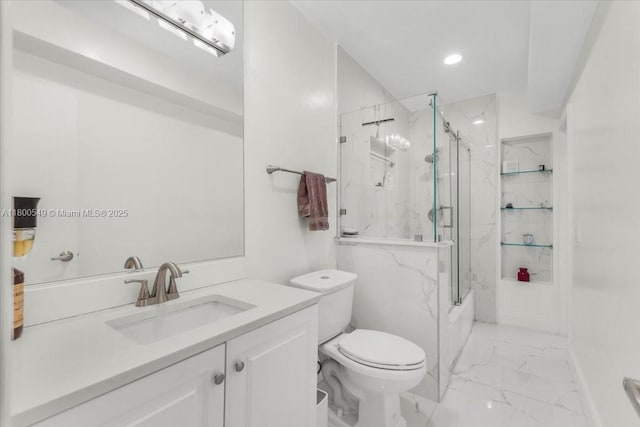 4340 NW 19th Ave, Oakland Park, FL 33309 - bathroom featuring marble finish floors, toilet, vanity, bath / shower combo with glass door, and recessed lighting