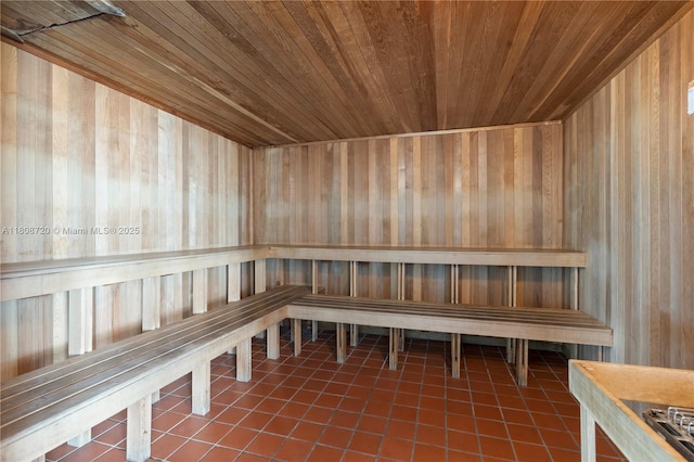 2101 Brickell Ave Unit 1702, Miami, FL 33129 - relaxing sauna / steam room featuring wood ceiling, tile patterned floors, and wooden walls