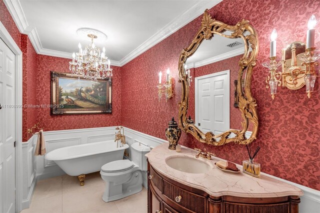 7360 SW 164th St, Palmetto Bay, FL 33157 - bathroom with wallpapered walls, a soaking tub, vanity, a wainscoted wall, and a chandelier
