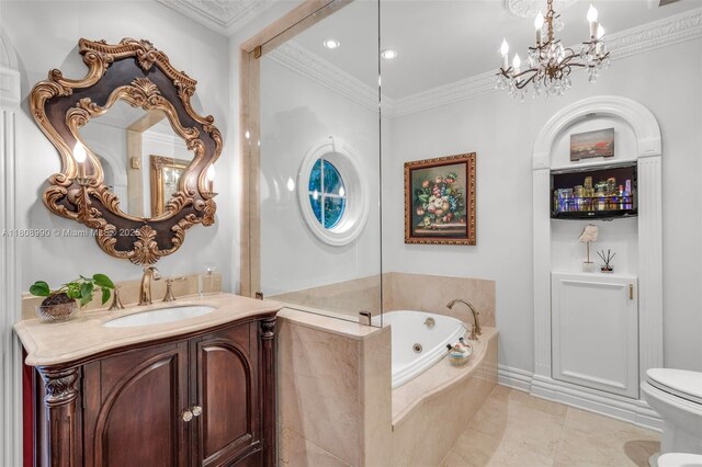 7360 SW 164th St, Palmetto Bay, FL 33157 - bathroom with a chandelier, a jetted tub, vanity, toilet, and ornamental molding