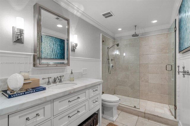 7360 SW 164th St, Palmetto Bay, FL 33157 - full bath with a stall shower, vanity, crown molding, toilet, and wainscoting