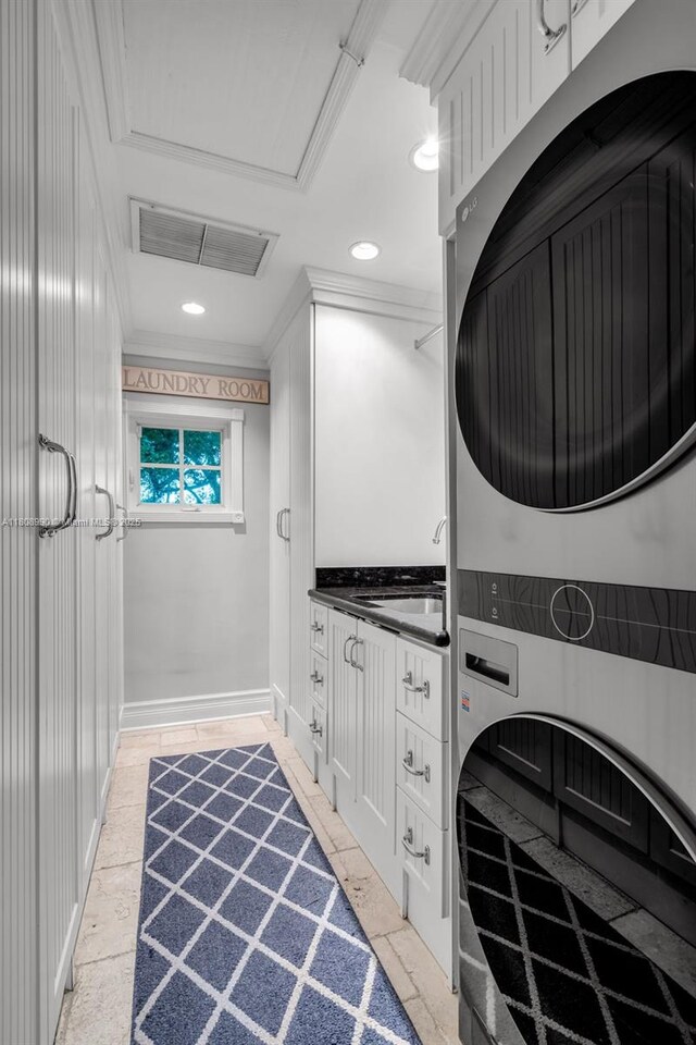 7360 SW 164th St, Palmetto Bay, FL 33157 - bathroom featuring estacked washer and dryer, vanity, and recessed lighting