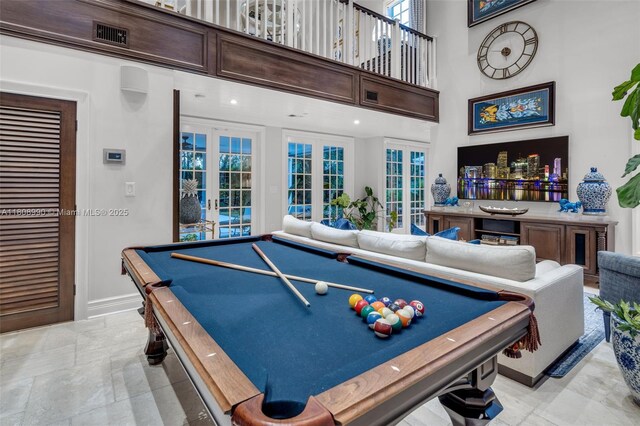 7360 SW 164th St, Palmetto Bay, FL 33157 - recreation room featuring french doors, baseboards, billiards, and a high ceiling