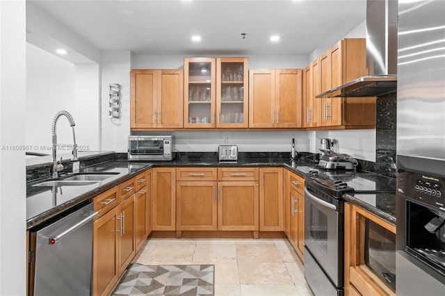 201 Crandon Blvd Unit 1030, Key Biscayne, FL 33149 - kitchen featuring wall chimney exhaust hood, stainless steel appliances, a sink, dark stone counters, and recessed lighting