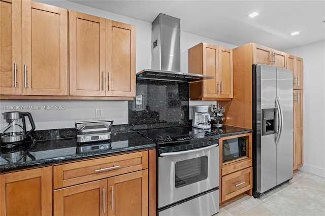 201 Crandon Blvd Unit 1030, Key Biscayne, FL 33149 - kitchen with appliances with stainless steel finishes, wall chimney range hood, dark stone counters, baseboards, and recessed lighting