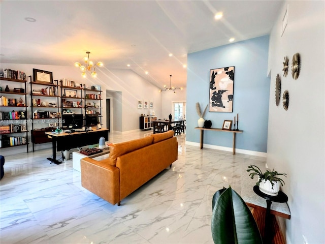 14870 SW 152nd Ct, Miami, FL 33196 - living area featuring a chandelier, marble finish floors, vaulted ceiling, baseboards, and recessed lighting