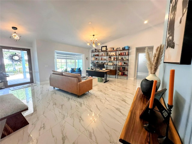 14870 SW 152nd Ct, Miami, FL 33196 - living area featuring a chandelier, marble finish floors, baseboards, lofted ceiling, and an office area