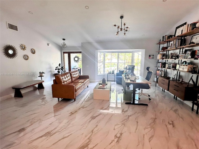 14870 SW 152nd Ct, Miami, FL 33196 - living room with an office area, baseboards, marble finish flooring, and a chandelier