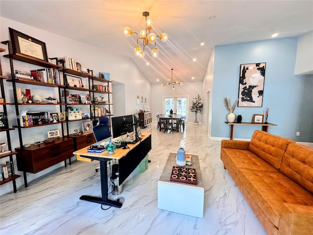 14870 SW 152nd Ct, Miami, FL 33196 - office space with a chandelier, marble finish flooring, recessed lighting, and lofted ceiling