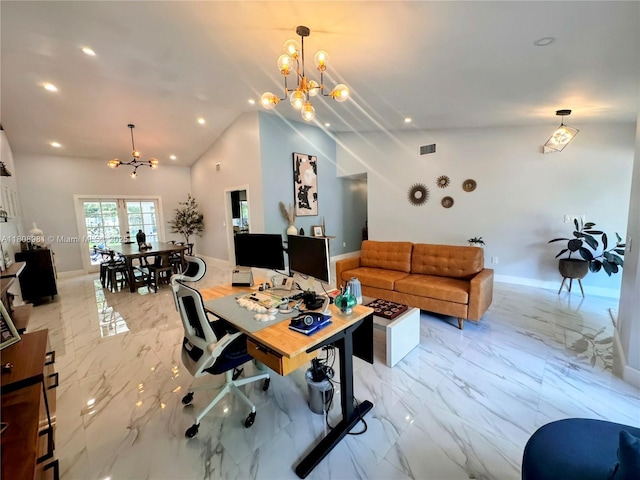 14870 SW 152nd Ct, Miami, FL 33196 - home office featuring a chandelier, vaulted ceiling, light marble finish flooring, recessed lighting, and baseboards