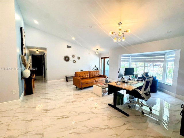 14870 SW 152nd Ct, Miami, FL 33196 - office area with vaulted ceiling, healthy amount of natural light, baseboards, a chandelier, and light marble finish flooring