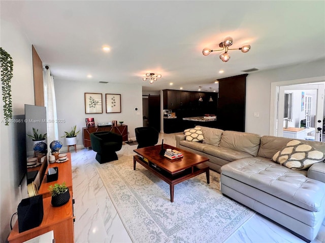 14870 SW 152nd Ct, Miami, FL 33196 - living area featuring light marble finish floors, recessed lighting, and french doors