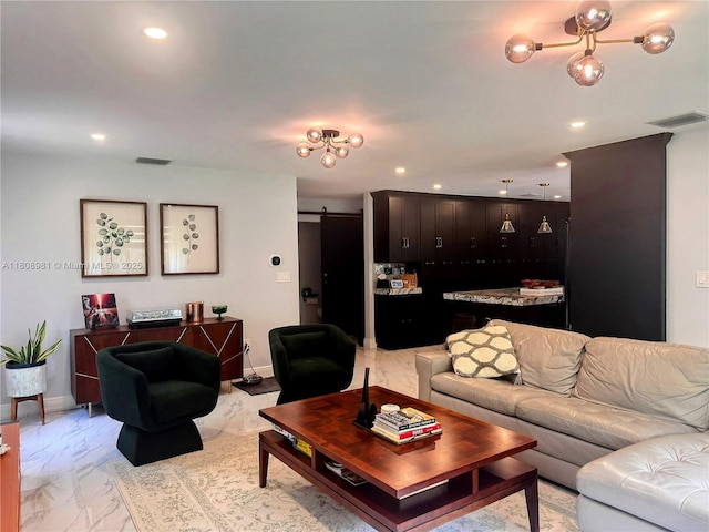14870 SW 152nd Ct, Miami, FL 33196 - living room featuring light marble finish floors, a barn door, recessed lighting, and baseboards