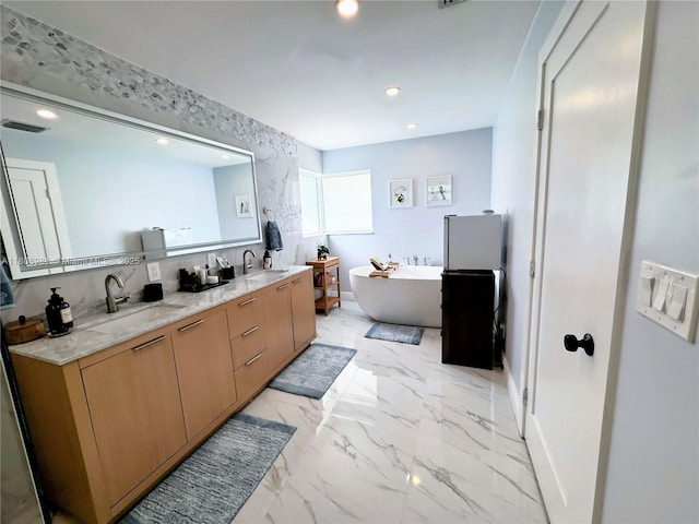 14870 SW 152nd Ct, Miami, FL 33196 - full bath featuring double vanity, a soaking tub, recessed lighting, and marble finish flooring