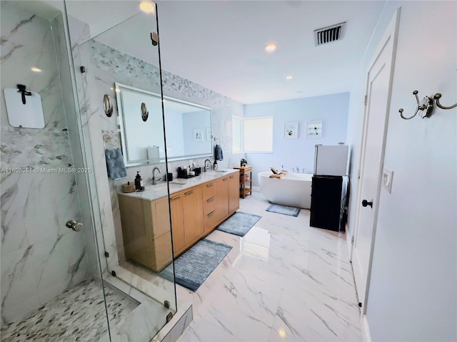 14870 SW 152nd Ct, Miami, FL 33196 - bathroom featuring a soaking tub, a marble finish shower, double vanity, and marble finish flooring
