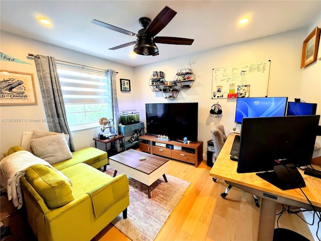 14870 SW 152nd Ct, Miami, FL 33196 - living room with a ceiling fan, wood finished floors, an office area, and recessed lighting