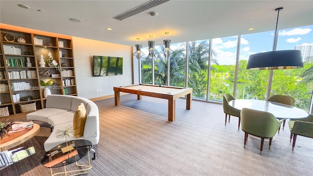 16385 Biscayne Blvd Unit 404, North Miami Beach, FL 33160 - rec room featuring billiards, baseboards, expansive windows, and carpet floors