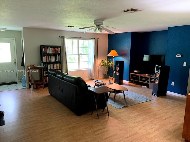 325 E Plymouth, Deland, FL 32724 - living room featuring light wood-type flooring, a ceiling fan, baseboards, and a textured ceiling