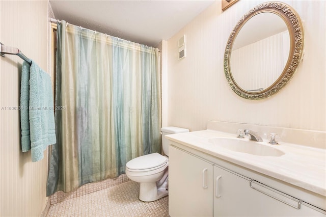 6821 SW 147th Ave Unit 1F, Miami, FL 33193 - bathroom with vanity, toilet, tile patterned floors, wallpapered walls, and a shower with curtain
