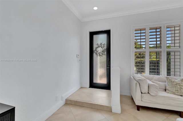 4231 N Magnolia Cir, Delray Beach, FL 33445 - foyer with crown molding, baseboards, light tile patterned flooring, and recessed lighting
